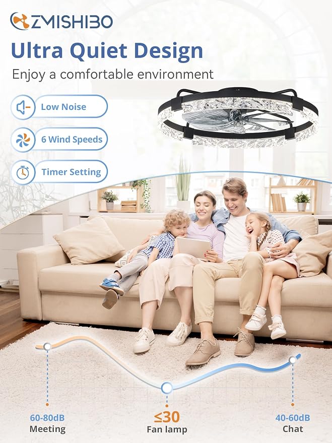 ZMISHIBO 24 Inch Flush Mount Ceiling Fan with Light and Remote, Modern Bladeless Ceiling Fan, Low Profile Enclosed Ceiling Fan for Bedroom Kids Room, 6 Speeds DC Motor, 3CCT Dimmable