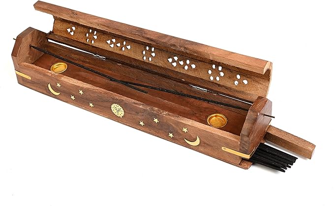 Incense Garden Pack of 2 Incense Stick Holder - Coffin Style - Wood Incense Stick Burner with Sun Moon Star Inlays Handmade with Brass Inlays (Natural)