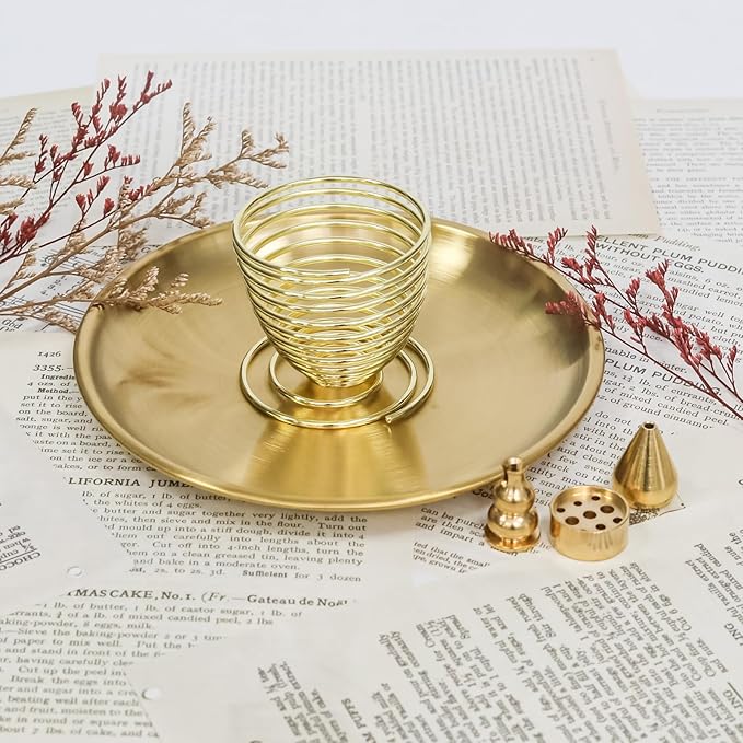 5 in 1 Incense Burner, 5.51 Inch Incense Holder Set for Incense Sticks, Coil Incense and Incense Cones, Multi-Functional, Brass Ash Catcher, Gourd-Shaped Tray（Gold）