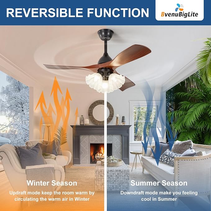 Ceiling Fans with Lights and Remote: 42-Inch Ceiling Fan 3 Blades Flower Low Profile Outdoor - Walnut Ceiling Fans with Remote Control Quiet Reversible DC Motor for Living Room