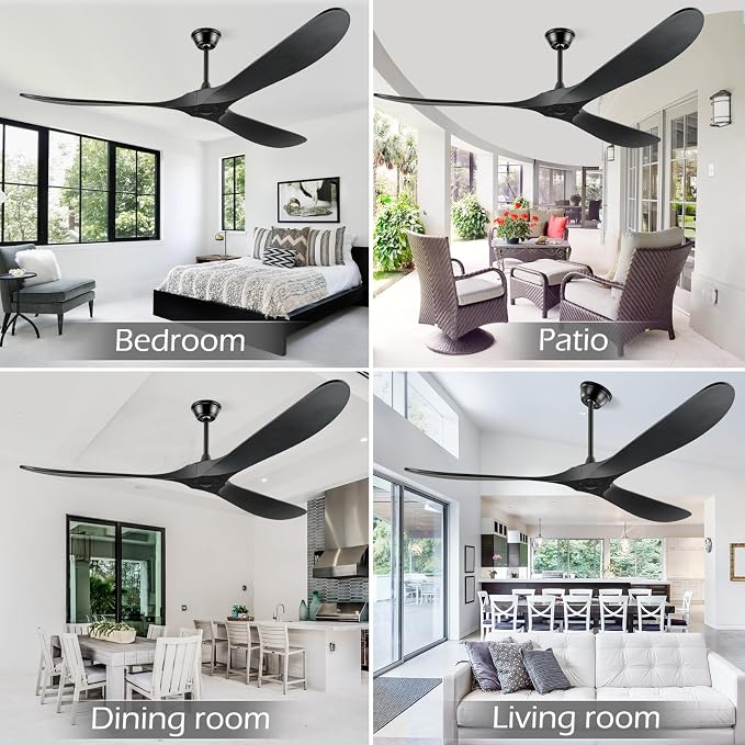 Ceiling Fans Without Light, 84 Inch Outdoor Fan No Light, Black Ceiling Fan with Remote, 3 Solid Wood Blades, Quiet Motor, High CFM, Propeller Large Ceiling Fan for Patios,Black
