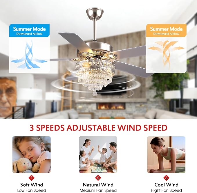 GJeg Crystal Ceiling Fan Fandelier with Lights - Retro Outdoor Fans with Remote Control, Farmhouse Ceiling Fan with Noiseless AC Reversible Motor,Dining Room,Living Room(52" Silver)