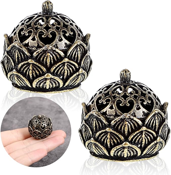 2Pcs Mini Lotus Incense Burner, Small Brass Flower Incense Holder Vintage Incense Cone Burner for Bedroom Kitchen Teahouse Office Home Decor Yoga Spa Mediation