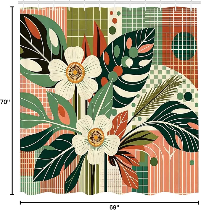 Ambesonne Mid Century Modern Shower Curtain, Abstract Monstera and Flowers with Symmetric Lines Back, Cloth Fabric Bathroom Decor Set with Hooks, 69" W x 70" L, Coral Jade Green Coconut