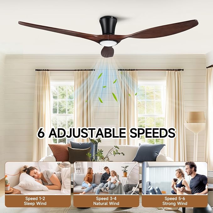Skylike 52" Wood Ceiling Fan with Lights, Flush Mount Low Profile Ceiling Fan with Remote Control, Dimmable LED, Quiet Ceiling Fan Indoor/Outdoor for Living Room Bedroom Patio-Dark Walnut Finish
