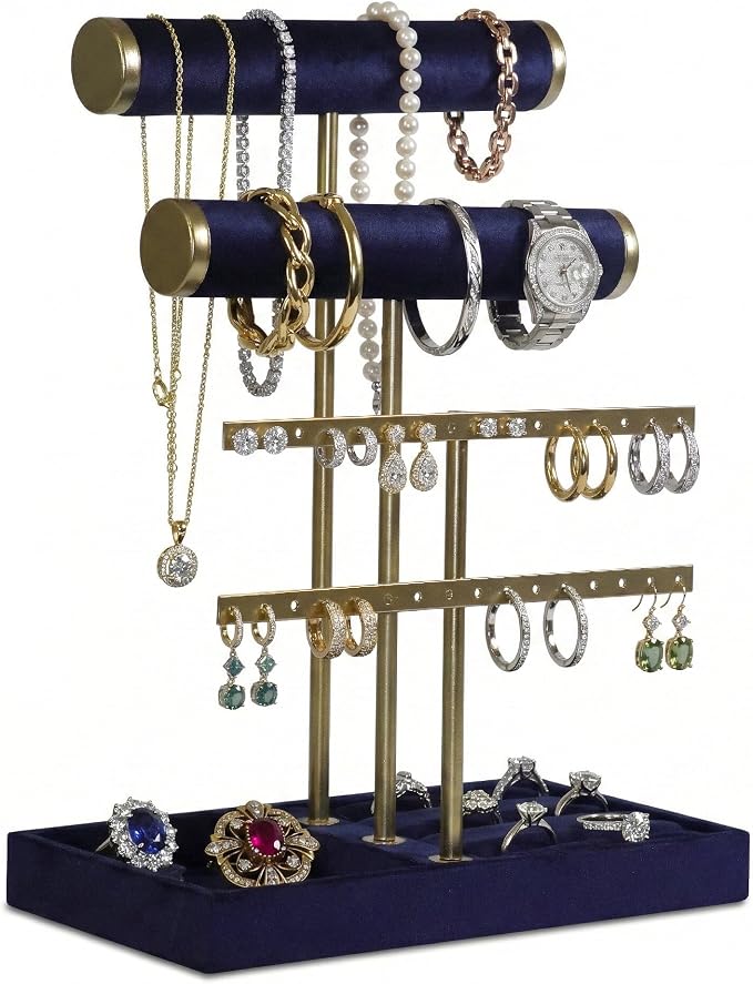 Jewelry Tower Stand Organizer for Women - Soft Touch Velvet Elegant Jewelry Holder Display with Necklace Holder, Earring Organizer & Bracelet Rack - Tabletop Stand for Dresser, Vanity, Desk - Blue