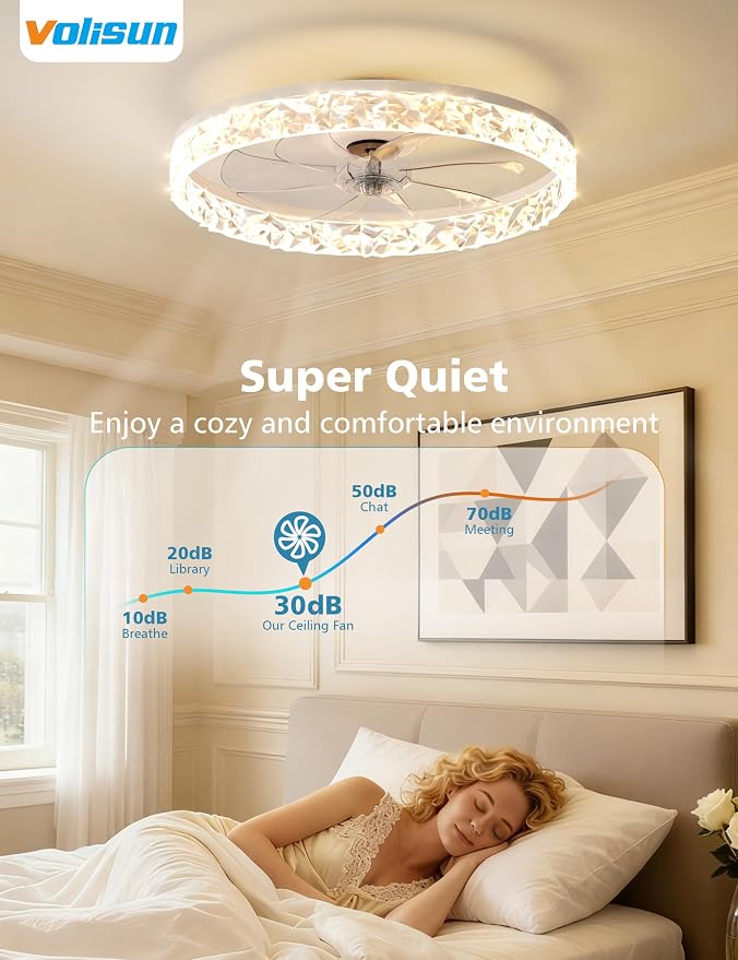 VOLISUN Low Profile Ceiling Fan with Lights and Remote, No Assembly, 20in Modern Ceiling Fans Flush Mount, 3000K-6500K Dimmable Bladeless LED Fan Light, White Fandelier Ceiling Fans for Bedroom
