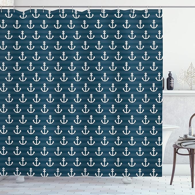 Ambesonne Nautical Shower Curtain, Anchor Pattern Marine Themed Symmetric Adventure Cottage Ship Boat Motif, Cloth Fabric Bathroom Decor Set with Hooks, 69" W x 75" L, Dark Blue