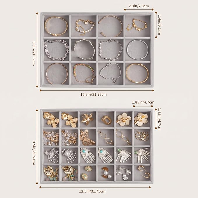 Frebeauty Jewelry Trays for Drawer,Set of 2 Jewelry Organizer and Storage | Velvet Material,Stackable,Adjustable Dividers,Drawer Inserts for Rings Studs Bracelet,Earring Organizer for Women Girls