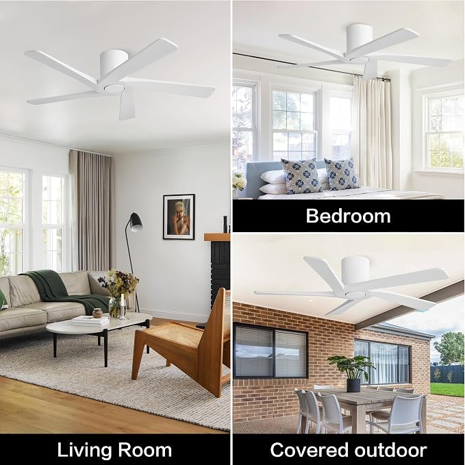 WINGBO 48 Inch Flush Mount DC Ceiling Fans without Lights, 5 Carved Solid Wood Blades, 6-Speed Reversible DC Motor, Low Profile Hugger Ceiling Fan No Lights for Indoor and Outdoor, Gloss White