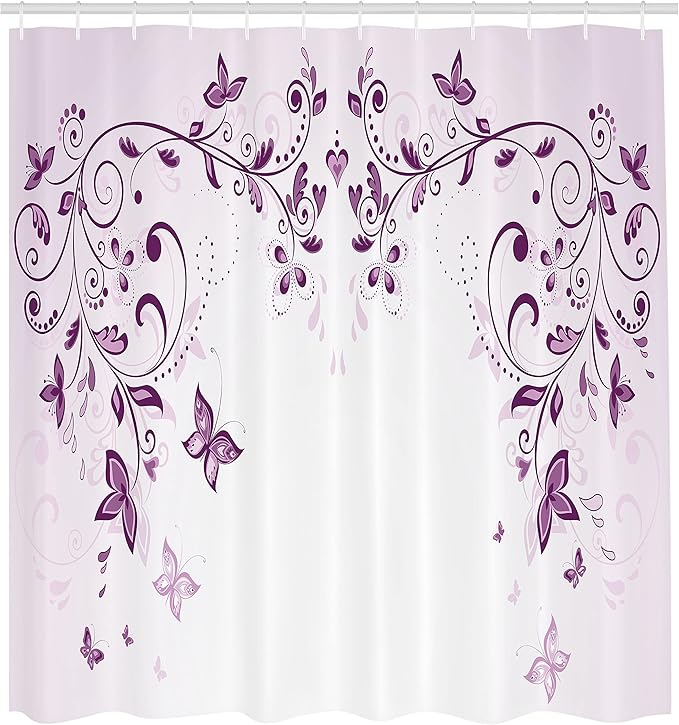 Ambesonne Purple Shower Curtain, Symmetric Victorian Period Inspired Spring Flower with Long Swirls Ceremony Woman, Cloth Fabric Bathroom Decor Set with Hooks, 69" W x 70" L, Violet