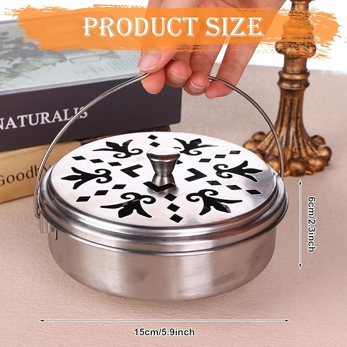 4 Pieces Mosquito Coil Holder Portable Mosquito Incense Holder with Handle Round Metal Sandalwood Incense Burner for Home Camping Indoor Outdoor Patio (Silver)