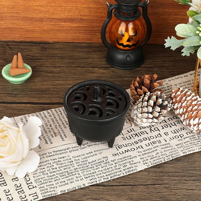 JUXYES Vintage Tripod Incense Burner Holder with Lid, Cast Iron Incense Holder Metal Cauldron Censer Antique Cone Coil Incense Burner Holder for Incense Resins, Cones, Charcoal or Wax Melts