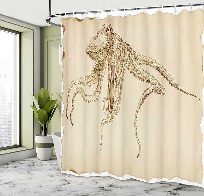 Ambesonne Octopus Shower Curtain, Octopus Illustration Sketch Style with Large Tentacles Vintage Art Print Marine, Cloth Fabric Bathroom Decor Set with Hooks, 69" W x 75" L, Ecru Brown