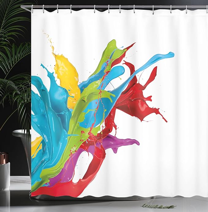 Ambesonne Colorful Shower Curtain, Surreal Fluid Liquid Flowing Paint Splash Featured Digital Graphic Print, Cloth Fabric Bathroom Decor Set with Hooks, 69" W x 75" L, Multicolor White