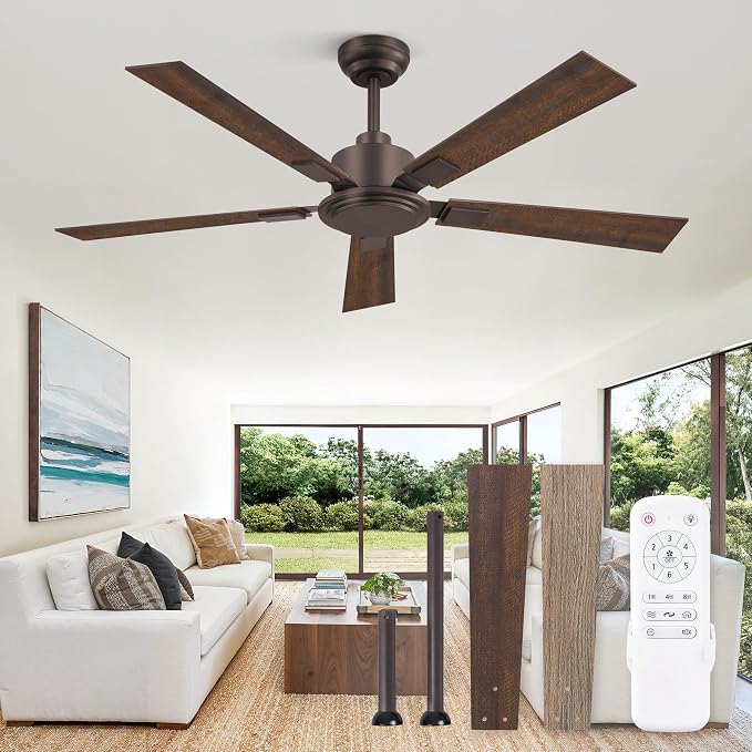ZMISHIBO 52 Inch Ceiling Fan No Light with Remote Modern Bronze Ceiling Fan with Quiet Reversible DC Motor, 6-Speeds 5 Blades, Indoor/Outdoor Ceiling Fans Without Light for Patio, Living Room, Garage