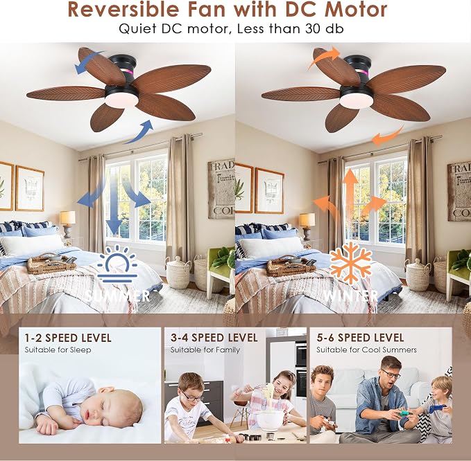 Tropical Palm Leaf RGB Ceiling Fans with Lights 46”, Brown Flush Mount Ceiling Fan with Light and Remote, 3CCT Dimmable LED&&Side RGB Light, Reversible 6 Speeds, Quite Low Profile Ceiling Fan Party