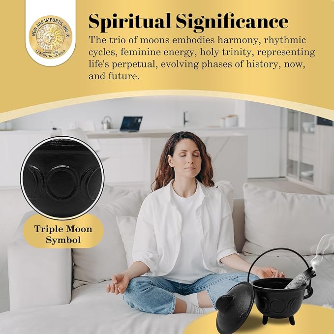 New Age Imports, Inc. Triple Moon Cast Iron Cauldron w/Handle & lid, Ideal for smudging, Incense Burning, Ritual Purpose, Decoration, Halloween Decoration, Candle Holder, etc. (Triple Moon - BR91)