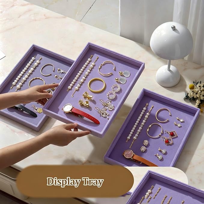 Large Velvet Jewelry Tray 2 Pack Stackable Jewelry Display Drawer Inserts Trays Organizer for Earring Bracelet Necklace Ring (Purple, 1 Grid)