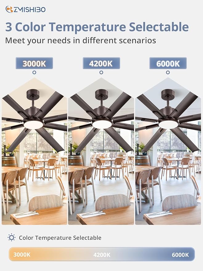 72" Industrial Ceiling Fans with Lights, Large Ceiling Fan with 3CCT, 8 Reverisble Aluminum Blades, Quiet DC Motor, 6-Speed Remote, Indoor/Outdoor Ceiling Fans for Patios/Garage/Porch, Oil bronze