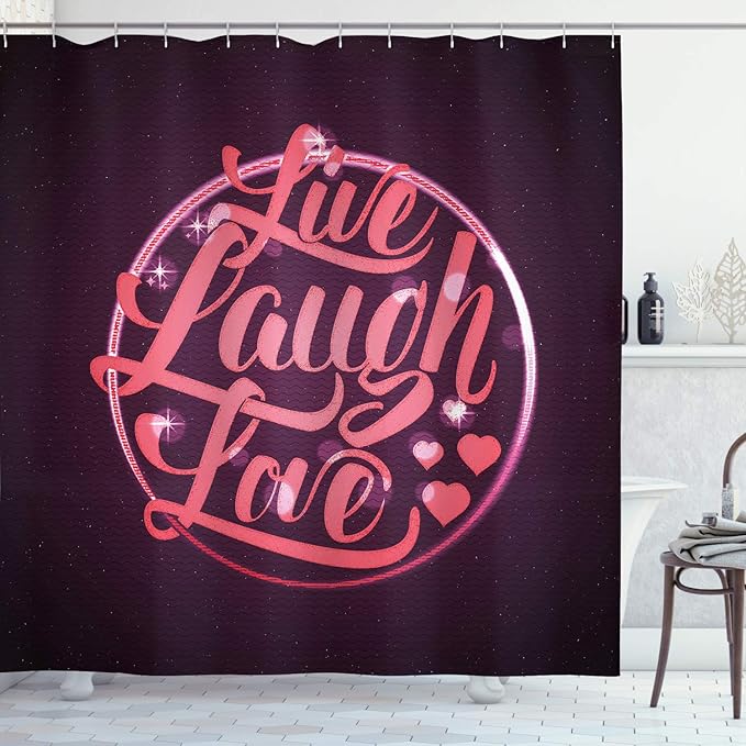 Ambesonne Live Laugh Love Shower Curtain, Vibrant Romantic Vintage Stamp Inspired Circle Popular Saying Print, Cloth Fabric Bathroom Decor Set with Hooks, 69" W x 75" L, Coral Plum White