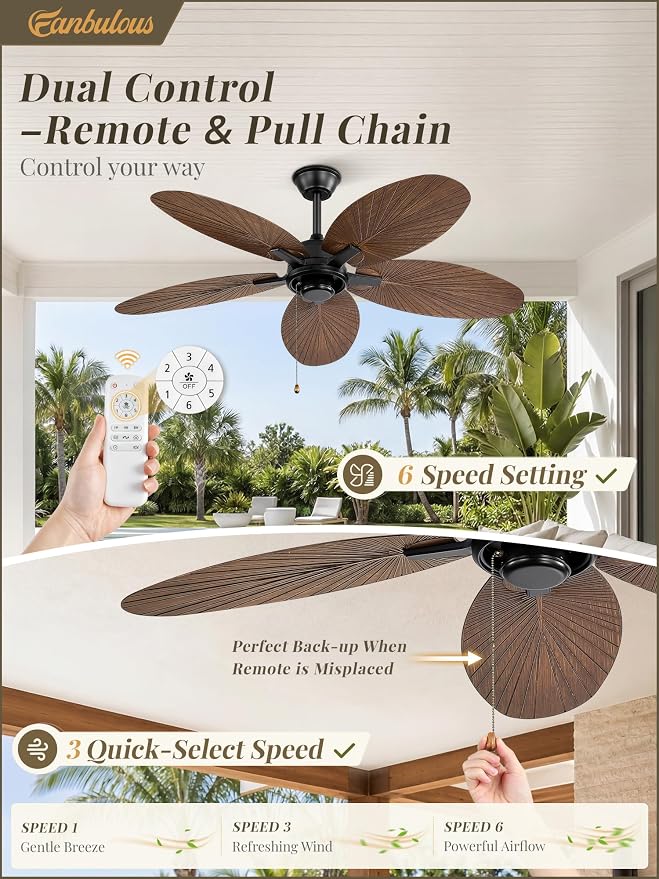 Fanbulous 52 Inch Ceiling Fan No Light, Remote & Pull Chain Tropical Fan With 6 Speeds, 3 Timers, DC Quiet Motor, 5 Palm Blade for Bedroom Living Room Covered Outdoor Patio Porch, Damp Rated, Brown