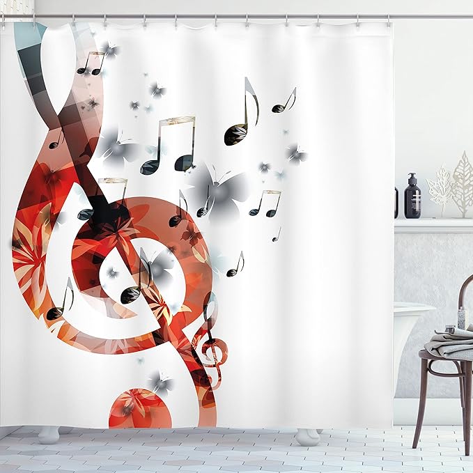 Ambesonne Music Shower Curtain, G-Clef Key Instrument Creative Rhythmic Ornate Motifs Digital Design Print, Cloth Fabric Bathroom Decor Set with Hooks, 69" W x 70" L, Pale Rust
