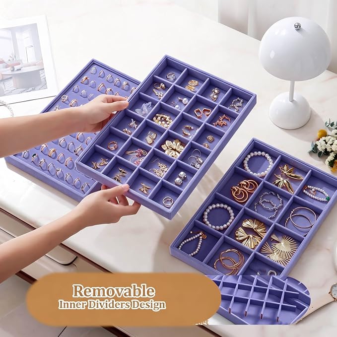 Large Velvet Jewelry Tray 2 Pack Stackable Jewelry Display Drawer Inserts Trays Organizer for Earring Bracelet Necklace Ring (Purple, 24 Grids)