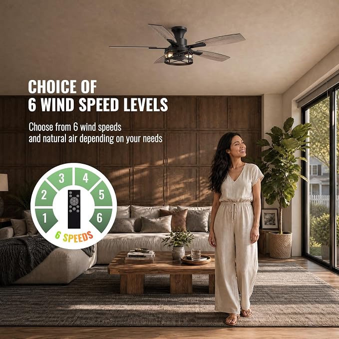 52 Inch Flush Mount Ceiling Fans with Lights and Remote Control, Low Profile Farmhouse Ceiling Fan for Bedroom Living Room and Patio, Black Caged Ceiling Fan for Indoor and Outdoor（NO BULBS）