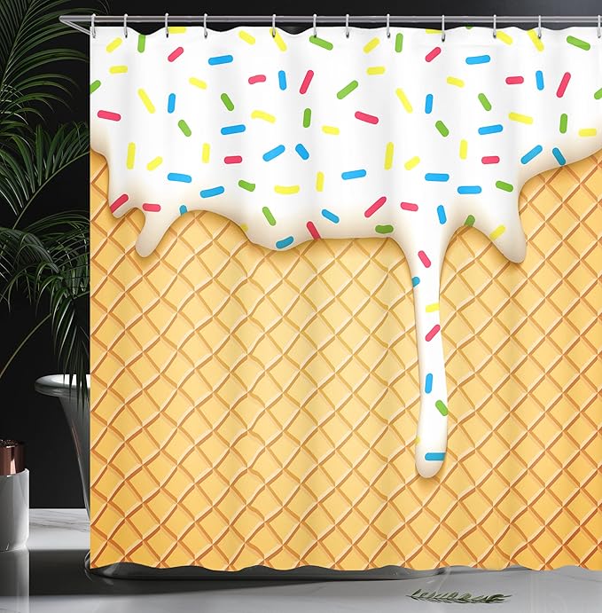 Ambesonne Food Shower Curtain, Cartoon Like Image of and Melting Ice Cream Cones Colored Sprinkles Print, Cloth Fabric Bathroom Decor Set with Hooks, 69" W x 70" L, Multicolor Mustard