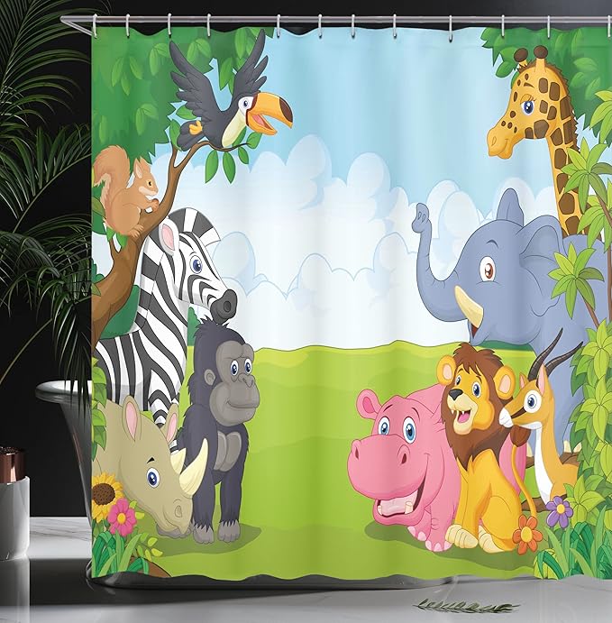 Ambesonne Animal Shower Curtain, Colorful Design Savannah Themed Cartoon Animals Image Art Forest Woodland Print, Cloth Fabric Bathroom Decor Set with Hooks, 69" W x 84" L, Multicolor Sky Blue