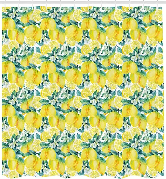 Ambesonne Modern Shower Curtain, Watercolor Paintbrush Lemons with Murky Effects Image, Cloth Fabric Bathroom Decor Set with Hooks, 69" W x 75" L, Forest Green Yellow