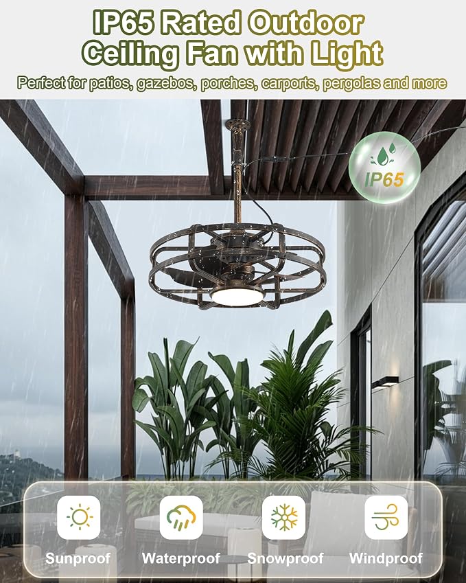 20" Outdoor Ceiling Fan with Light – Waterproof Plug-In Smart Fan for Porch, Pergola & Gazebo, 4CCT Color Adjustable, Alexa & Google Compatible, Caged Design, Brushed Gold Finish