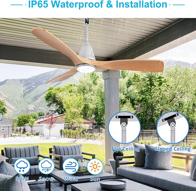 Depuley Outdoor Ceiling Fan with Lights: 42" Silver Gazebo Fans Outdoor Hanging with Remote APP Control - Plug in Waterproof Fans with Light for Patio Porch Reversible Wood Blades 3CCT 6 Speeds Timer
