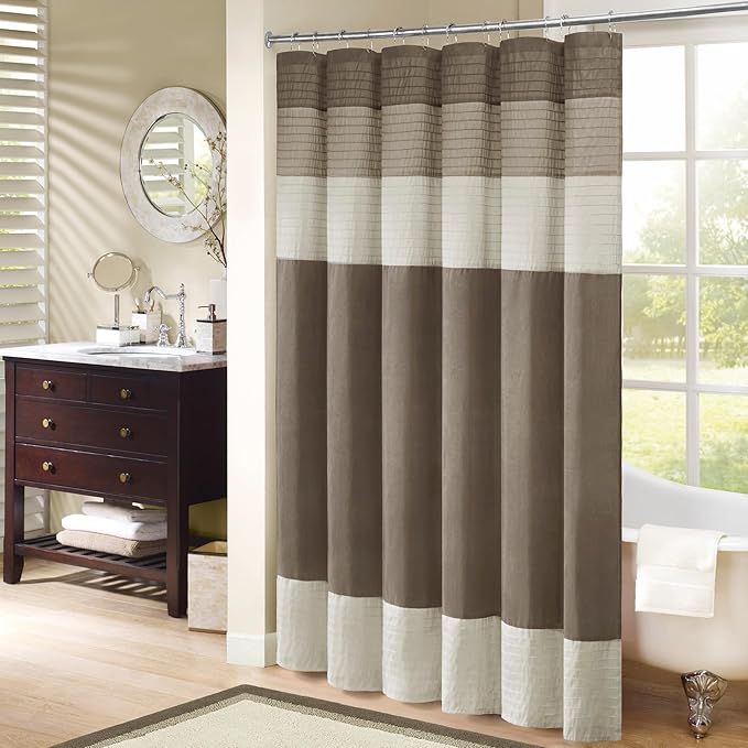 Madison Park Amherst Bathroom Shower Curtain Faux Silk Pieced Striped Modern Microfiber Bath Curtains, 72x84 Inches, Natural