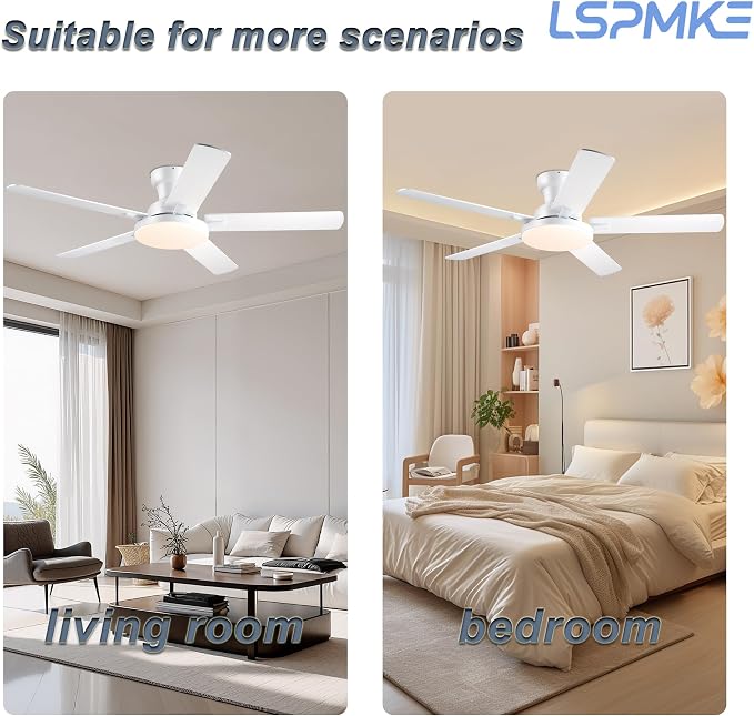 Ceiling Fans with Lights, 52 inch Flush Mount Ceiling fan with Remote Control, Low Profile Ceiling Fan for Bedroom, Farmhouse, Reversible, 3CCT, Dimmable, Noiseless DC Motor, White