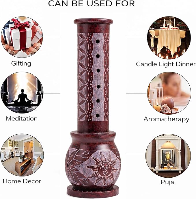 Marble Handmade Soapstone Red Incense Stick Holder | Candle Burner | Tea Light Holder - Round Jaali Carving for Gifting. Decorative Home and Office Decor - (3 X 3 X 10 Inches)