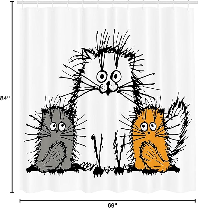 Ambesonne Sketchy Shower Curtain, Fluffy Cat Family with Mother Babies Feline Animal Humor Illustration, Cloth Fabric Bathroom Decor Set with Hooks, 69" W x 84" L, Orange White Grey