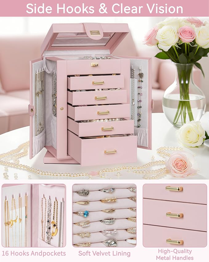 AKOZLIN 6-Tier Jewelry Box Organizer Functional 5 Drawers Leather Jewelry Storage Case for Women Girls Ring Necklace Earring Bracelet Holder Organizer with Mirror Pink 360° Rotating