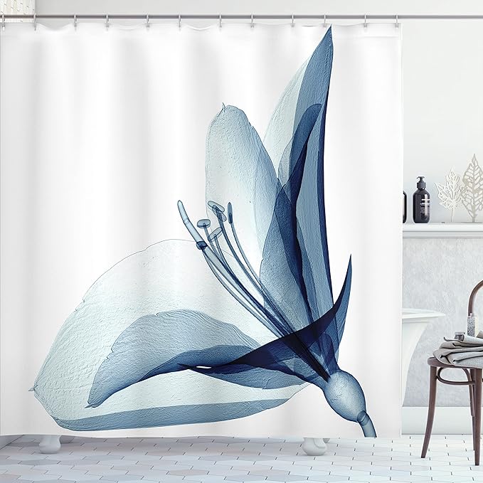Ambesonne Flower Shower Curtain, X-ray Inspired Image of Amaryllis Flower Nature Inspired Artwork, Cloth Fabric Bathroom Decor Set with Hooks, 69" W x 75" L, White Teal