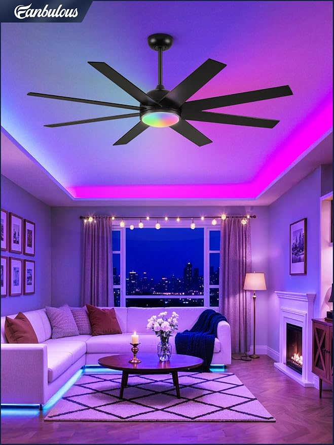 Fanbulous 60 Inch RGB Ceiling Fans with Lights and Remote&APP Control, Black Smart Ceiling Fan with Quiet Reversible DC Motor, 6 Speeds, 3CCT, Dimmable, Large Ceiling Fan for Living Room Bedroom