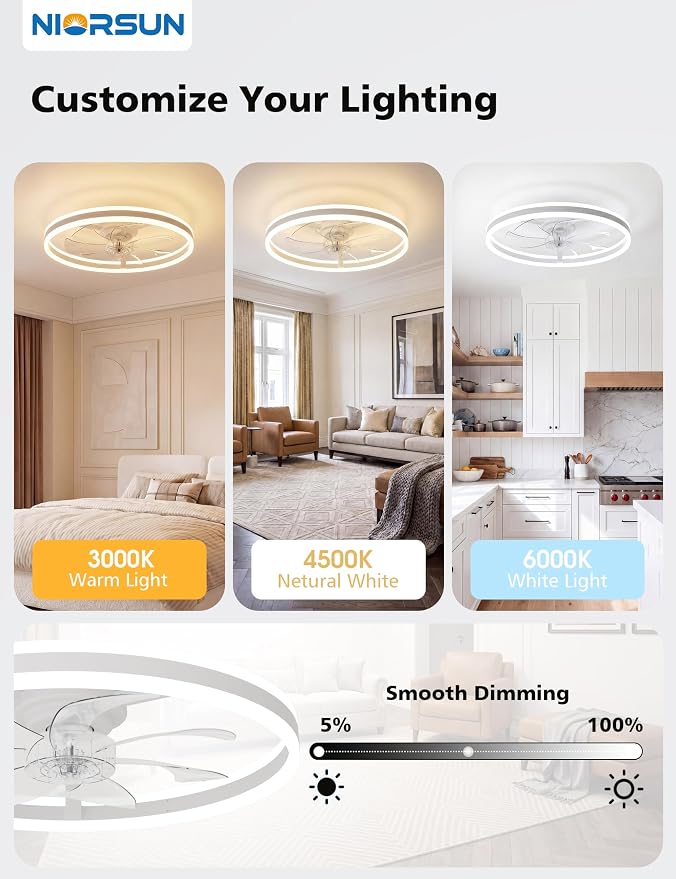 NIORSUN RGB Ceiling Fans with Lights and Remote, Modern Smart LED Ceiling Fans Light, 6 Speeds & 3000K-6500K Dimmable, Quiet Bladeless Fandelier Ceiling Fan with Light for Bedroom (24Inch,White)