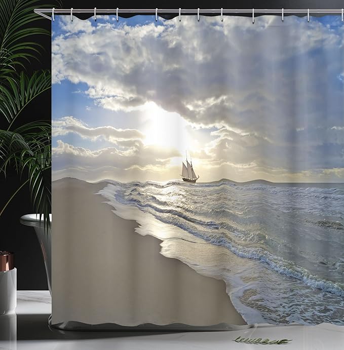 Ambesonne Nautical Shower Curtain, Sailing Ship Close to Sandy Beach in Moody Sunset Paradise Tropical Theme, Cloth Fabric Bathroom Decor Set with Hooks, 69" W x 84" L, Blue Beige White