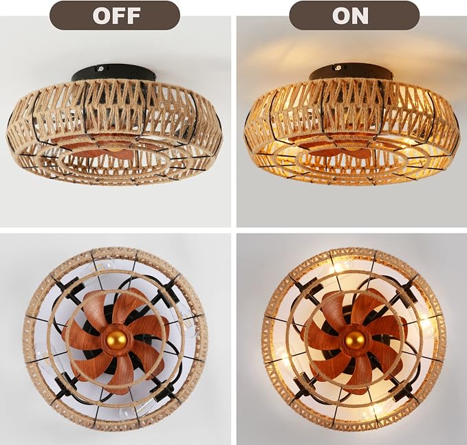 20" Boho Caged Bladeless Ceiling Fans with Lights and Remote | Flush Mount Low Profile Ceiling Fan Light. Silent 6 Speed Reversible Motor, Hand-knitting for Living Room Bedroom w/ 4 bulbs.