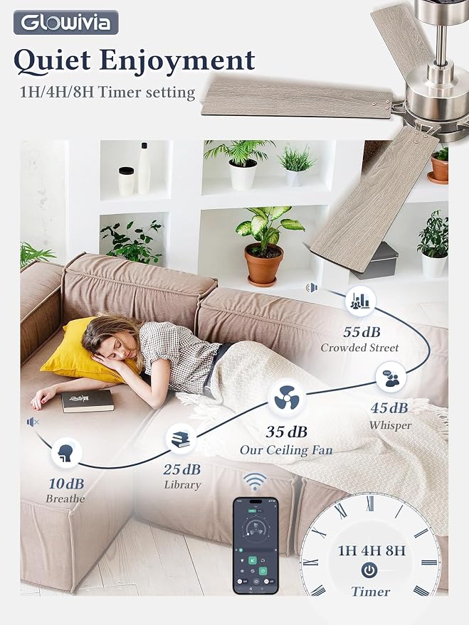 52 Inch Ceiling Fan with Lights and Remote, Smart APP Control, Dimmable with All-Setting Memory, Quiet DC Motor Reversible Blades, Damp Rated Modern Ceiling Fan for Bedroom Patio Living Room