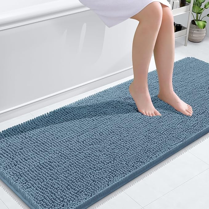 OLANLY Bathroom Runner Rugs 59x20, Soft Absorbent Chenille Bath Rugs, Rubber Backing Quick Dry, Machine Washable Long Bath Mats for Bathroom Floor, Tub and Shower, Home Decor Accessories, Airy Blue