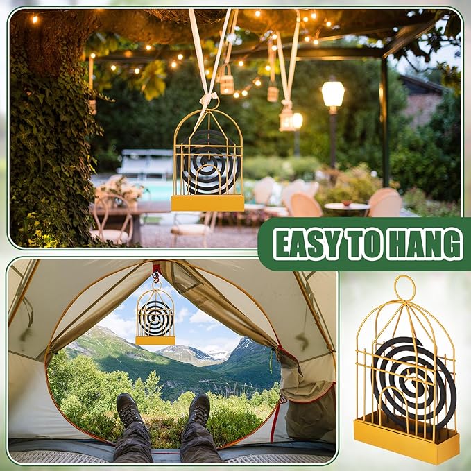 Hushee 6 Pcs Portable Mosquito Coil Holder Retro Incense Coil Burner Metal Hanging Bird Cage Incense Holder for Outdoor Home Garden Decor, Gold
