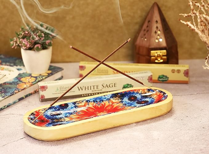 Bless-International Traditional-Handmade-Tray-Burner Wooden-Trat-Incense-Stick-Holder Ash-Catcher-Stand for-Aromatherapy-Meditation-Yoga (Abstract Flowers, 11x4x1.22 Inches)