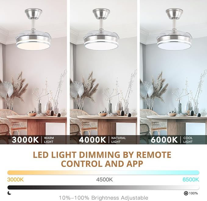 STERREN 30" Retractable Ceiling Fans with Lights, Dimmable LED Ceiling Fan Remote Control, Modern Small Fan Light for Bedroom Living Room Dinning Room Kitchen, 3000K-6500K, 6 Speed (Brushed Nickel)