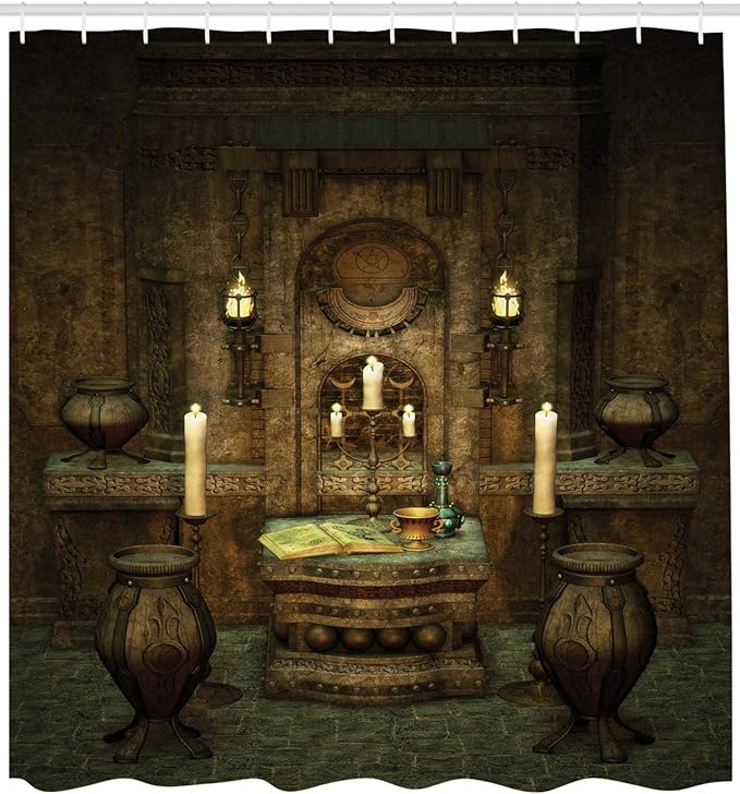 Ambesonne Gothic Shower Curtain, Room with Altar in Fantasy Style Spells Pentagram and Candles Print Illustration, Cloth Fabric Bathroom Decor Set with Hooks, 69" W x 84" L, Brown and Black